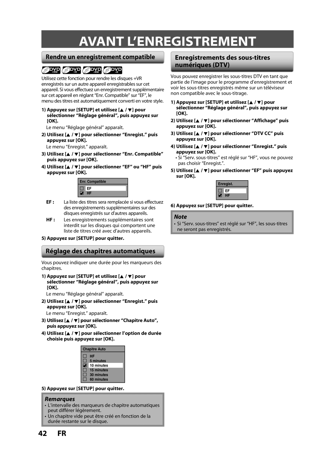 Magnavox H2160MW9 A Avant L’ENREGISTREMENT, Rendre un enregistrement compatible, Réglage des chapitres automatiques 