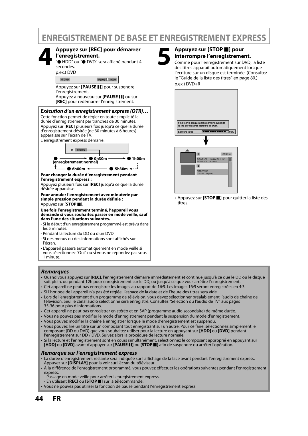 Magnavox H2160MW9 A owner manual Exécution d’un enregistrement express OTR…, Remarque sur l’enregistrement express, Titres 