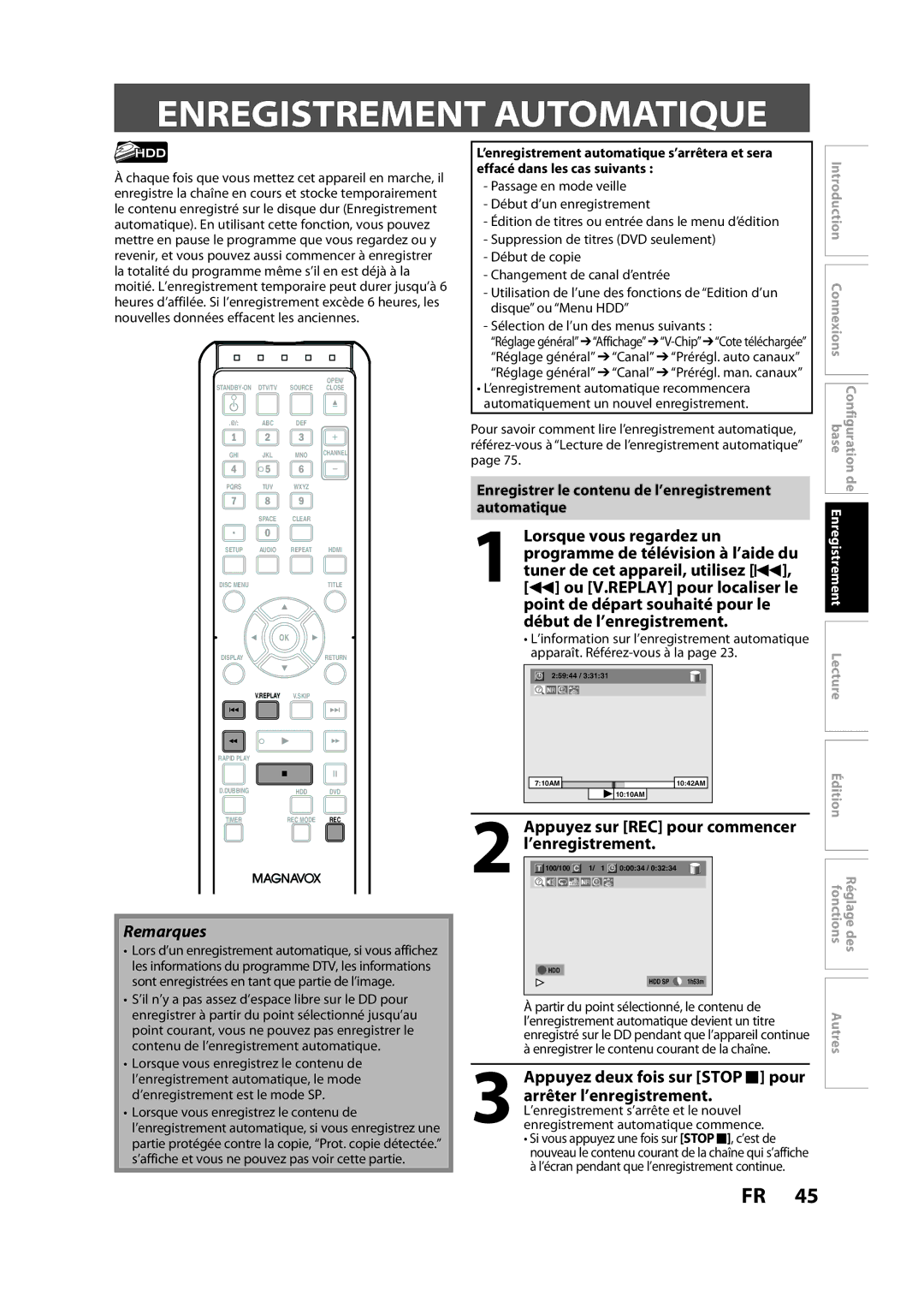 Magnavox H2160MW9 A Enregistrement Automatique, Appuyez sur REC pour commencer, Enregistrement automatique commence 