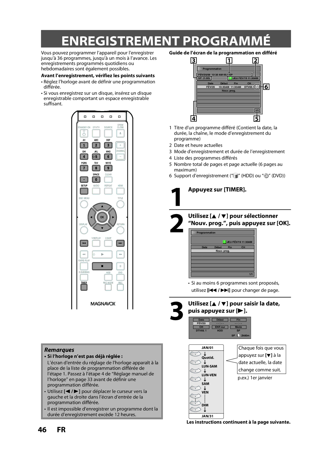 Magnavox H2160MW9 A Enregistrement Programmé, Appuyez sur Timer, Avant l’enregistrement, vérifiez les points suivants 