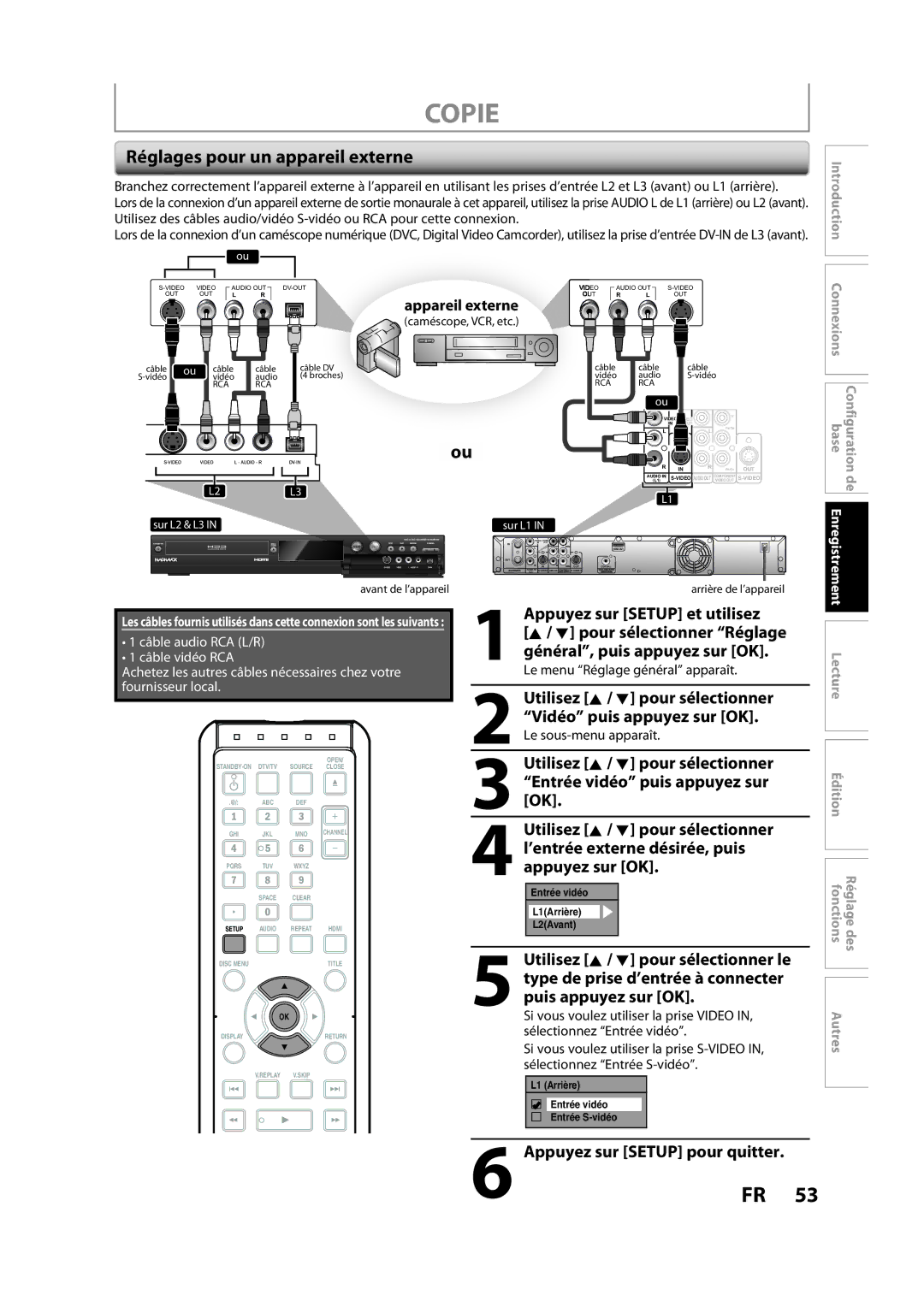 Magnavox H2160MW9 A owner manual Copie, Réglages pour un appareil externe, Appareil externe 