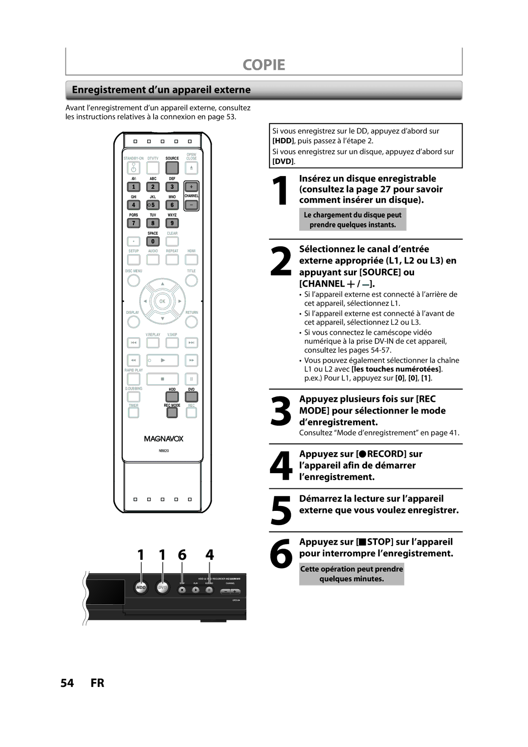 Magnavox H2160MW9 A owner manual Enregistrement d’un appareil externe 