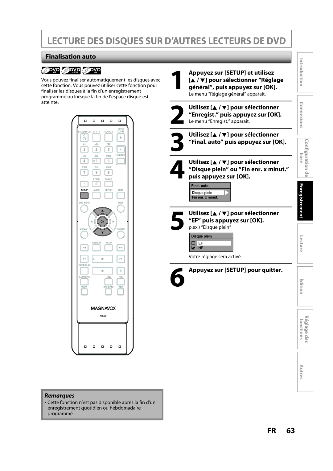 Magnavox H2160MW9 A owner manual Lecture DES Disques SUR D’AUTRES Lecteurs DE DVD, Finalisation auto 