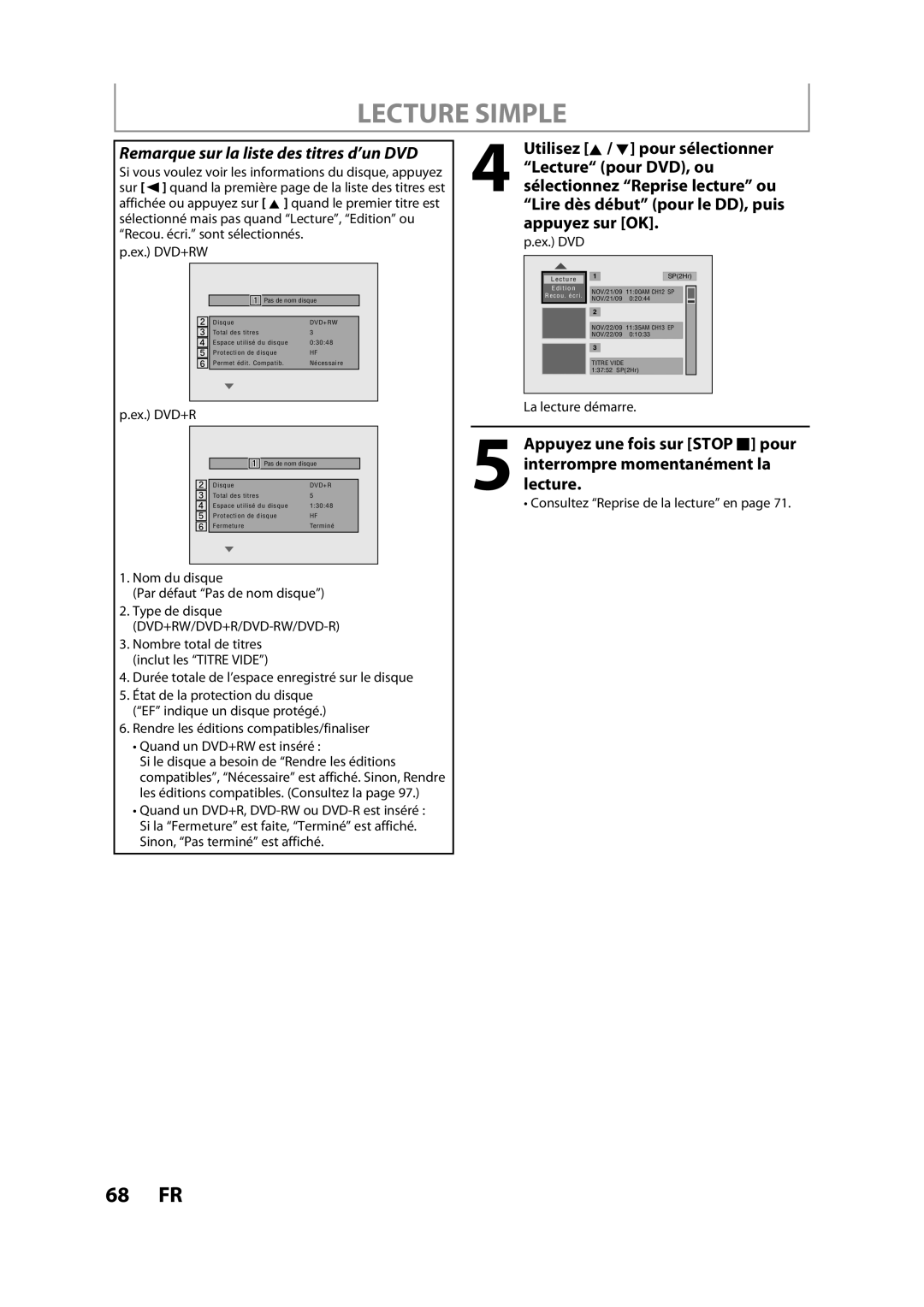 Magnavox H2160MW9 A Remarque sur la liste des titres d’un DVD, Appuyez sur OK, Nom du disque Par défaut Pas de nom disque 