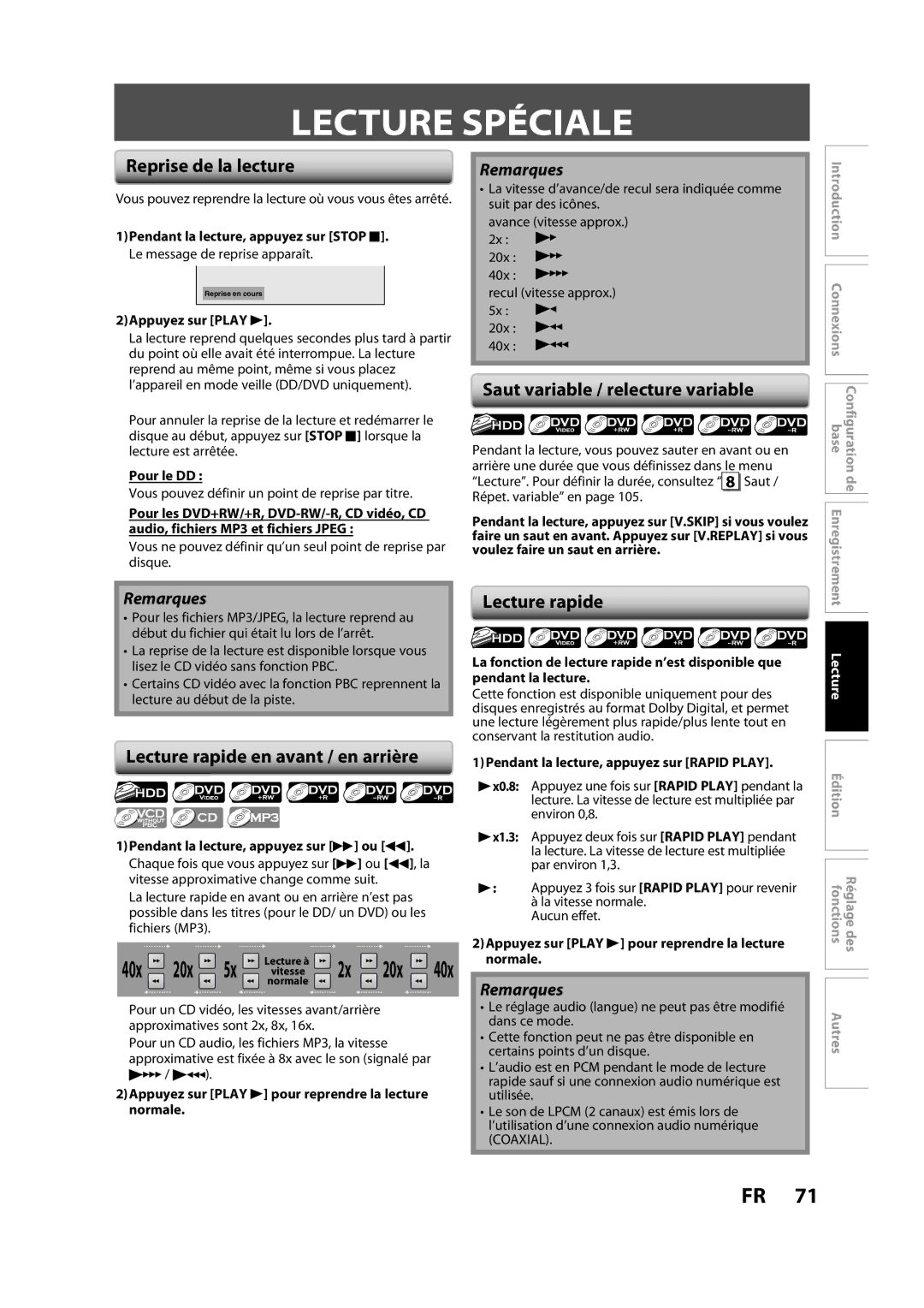 Magnavox H2160MW9 A Lecture Spéciale, Reprise de la lecture, Saut variable / relecture variable, Lecture rapide 