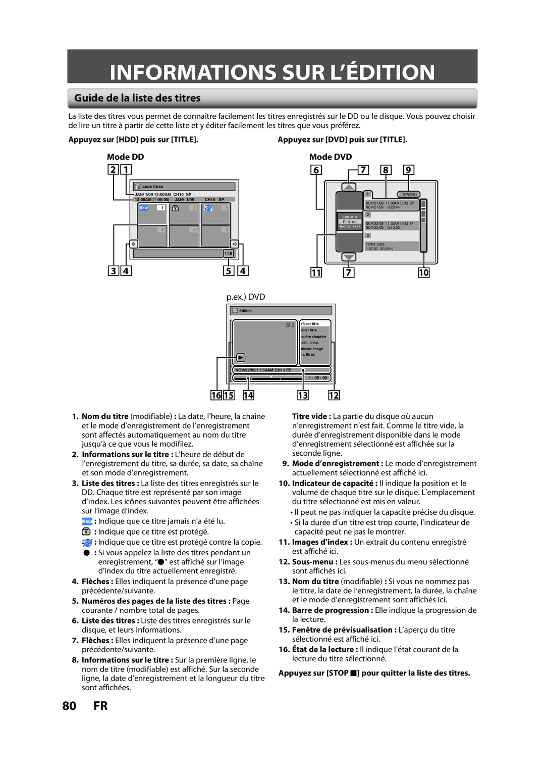 Magnavox H2160MW9 A owner manual Informations SUR L’ÉDITION, Guide de la liste des titres, Mode DD, Mode DVD 