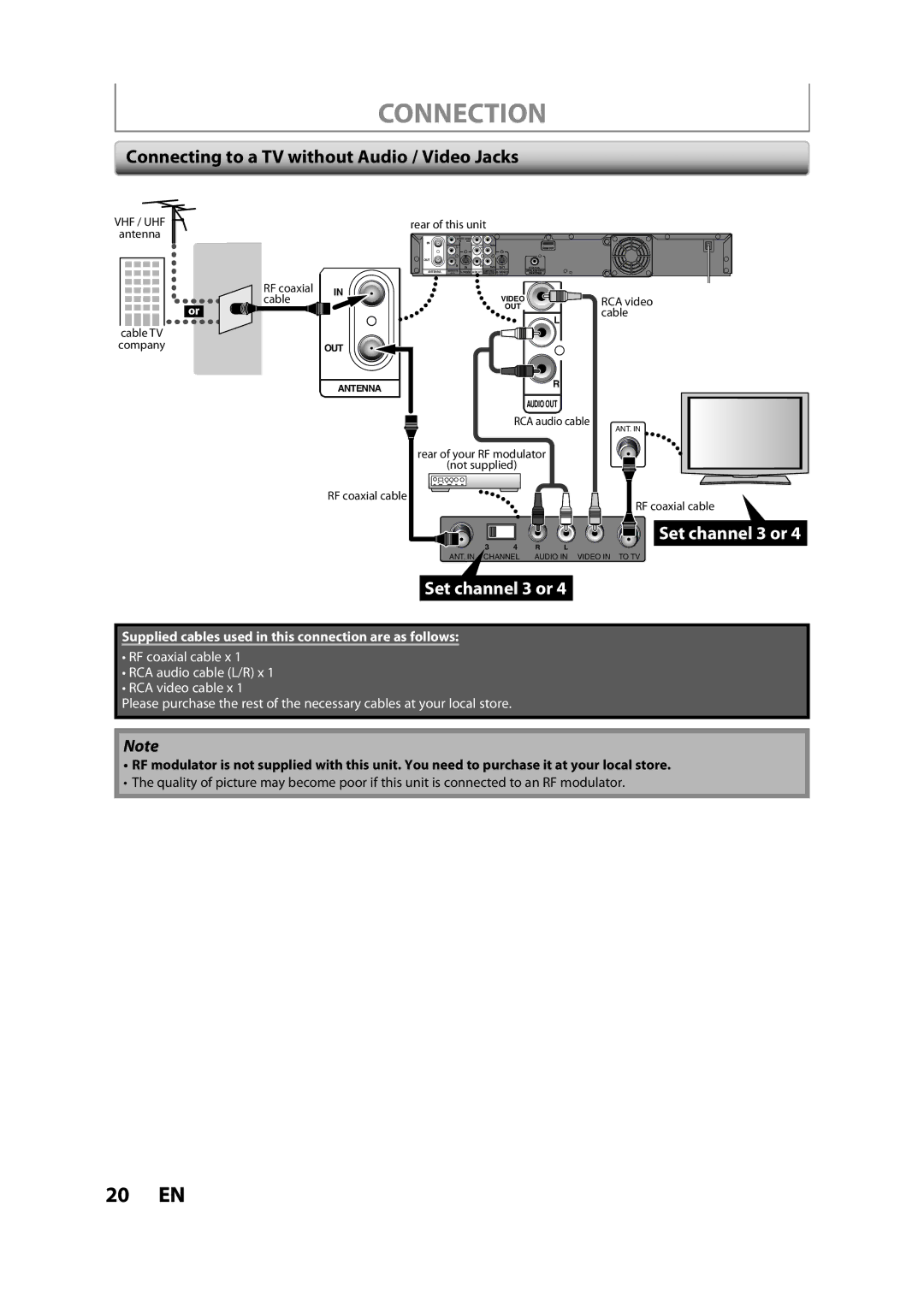 Magnavox H2160MW9 A owner manual Connecting to a TV without Audio / Video Jacks 