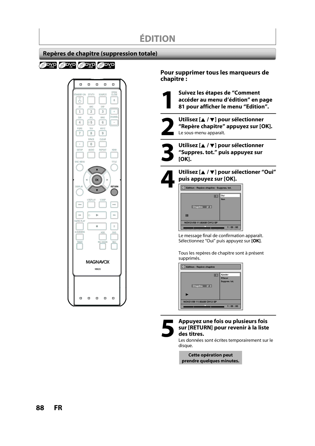 Magnavox H2160MW9 A owner manual Pour supprimer tous les marqueurs de chapitre, Repères de chapitre suppression totale 