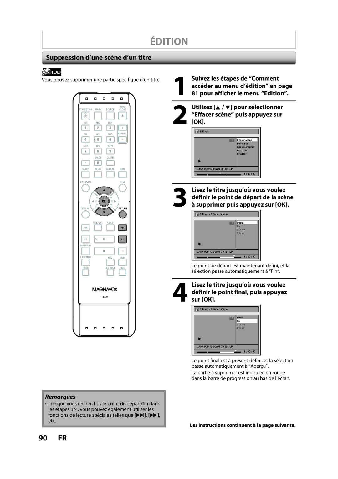 Magnavox H2160MW9 A owner manual Suppression d’une scène d’un titre, Vous pouvez supprimer une partie spécifique d’un titre 