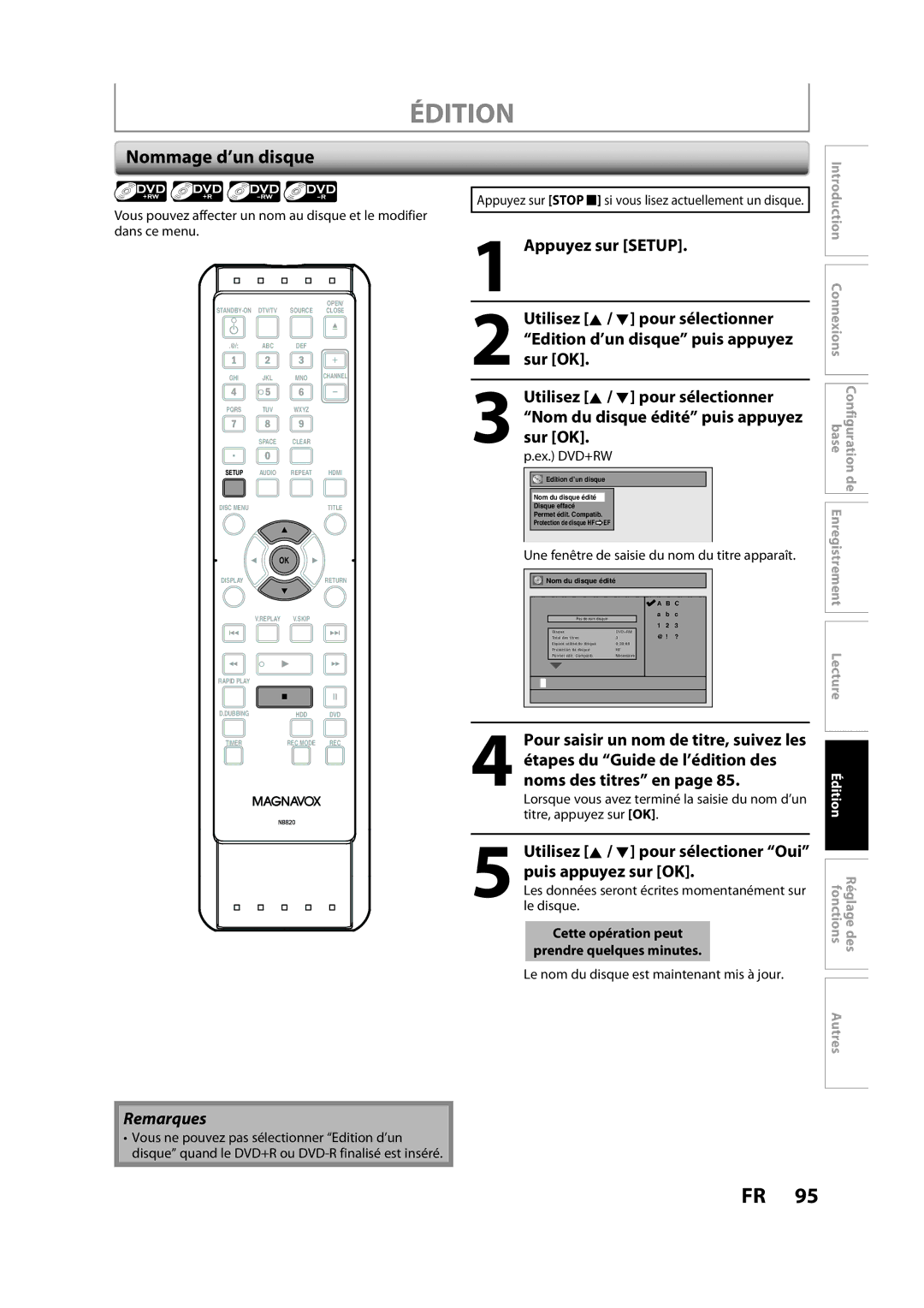 Magnavox H2160MW9 A owner manual Nommage d’un disque, Une fenêtre de saisie du nom du titre apparaît 