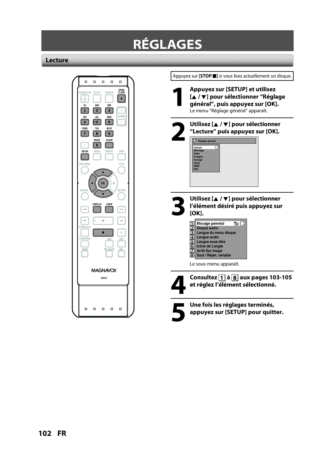 Magnavox H2160MW9 A owner manual Réglages, Lecture, Consultez 1 à 8 aux pages, Et réglez l’élément sélectionné 