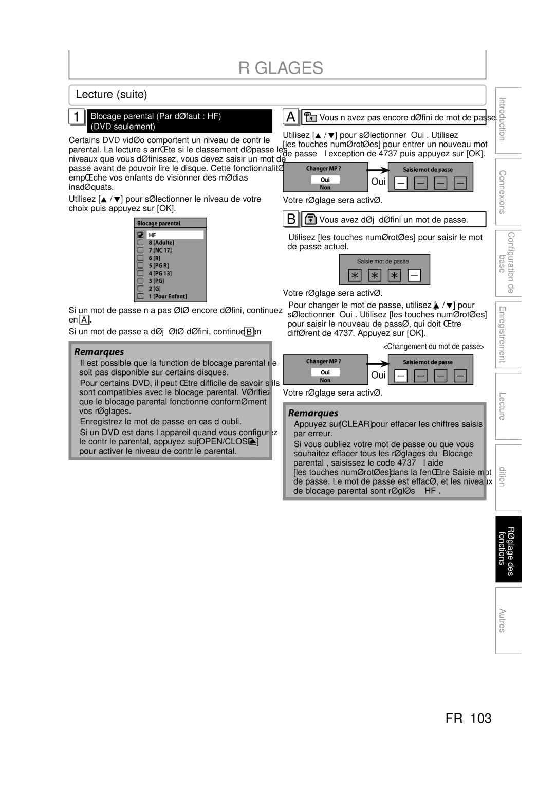 Magnavox H2160MW9 A owner manual Réglages, Lecture suite, Oui, Blocage parental Par défaut HF DVD seulement 