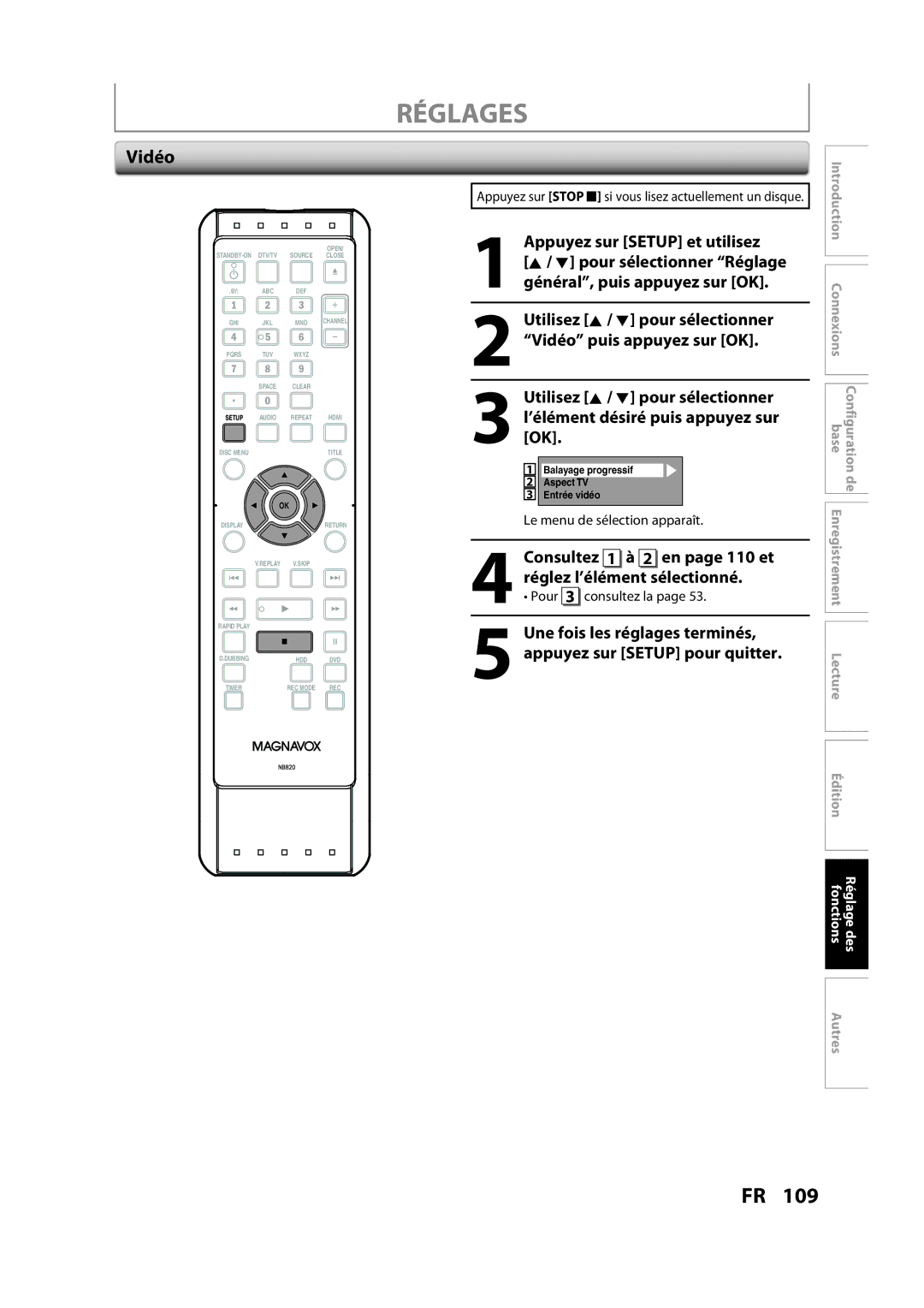 Magnavox H2160MW9 A owner manual Vidéo, Consultez 1 à 2 en page 110 et, Réglez l’élément sélectionné, Pour 3 consultez la 