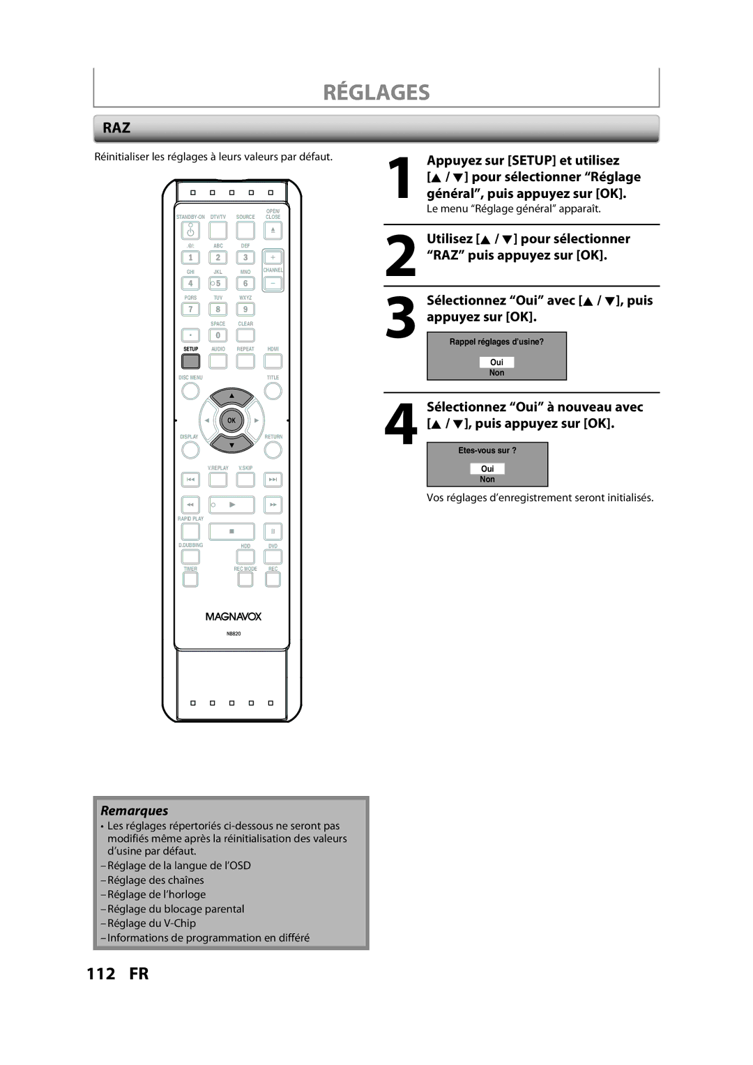 Magnavox H2160MW9 A Sélectionnez Oui avec K / L, puis appuyez sur OK, Vos réglages d’enregistrement seront initialisés 