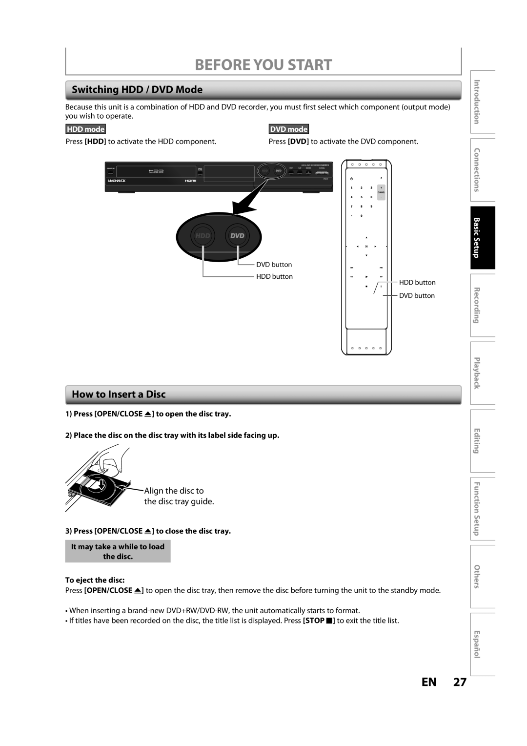 Magnavox H2160MW9 A owner manual Switching HDD / DVD Mode, How to Insert a Disc, Align the disc to the disc tray guide 