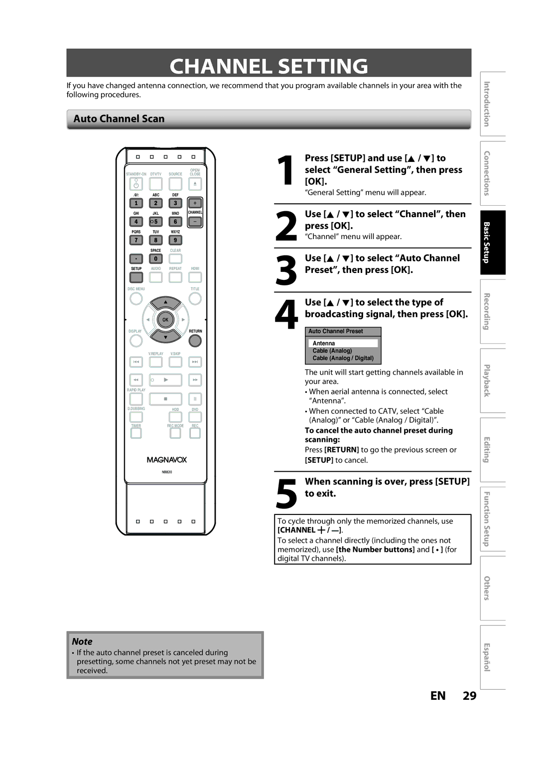 Magnavox H2160MW9 A owner manual Channel Setting, Auto Channel Scan 