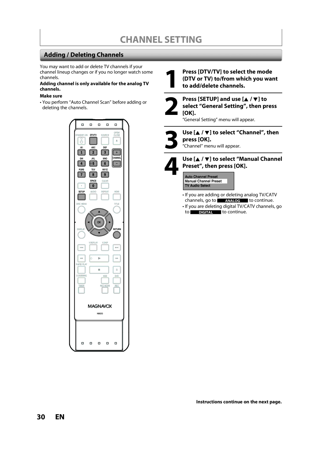 Magnavox H2160MW9 A owner manual Channel Setting, Adding / Deleting Channels, Use K / L to select Channel, then press OK 