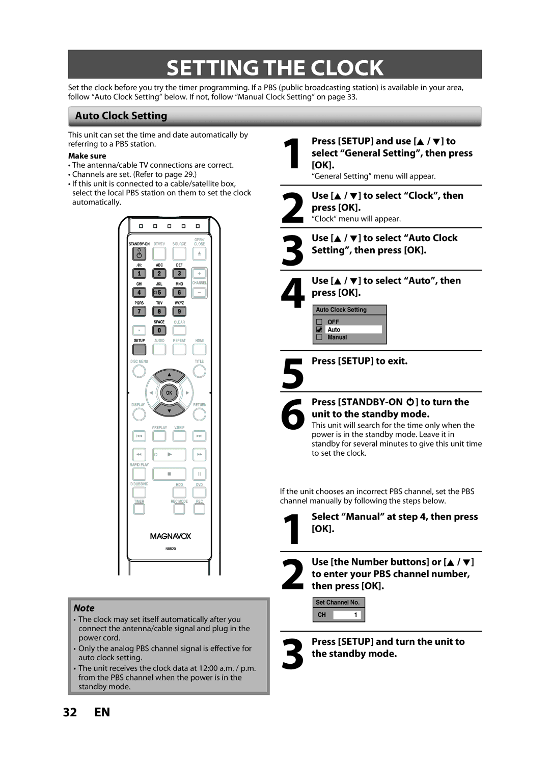 Magnavox H2160MW9 A owner manual Setting the Clock, Auto Clock Setting, Use K / L to select Clock, then press OK 