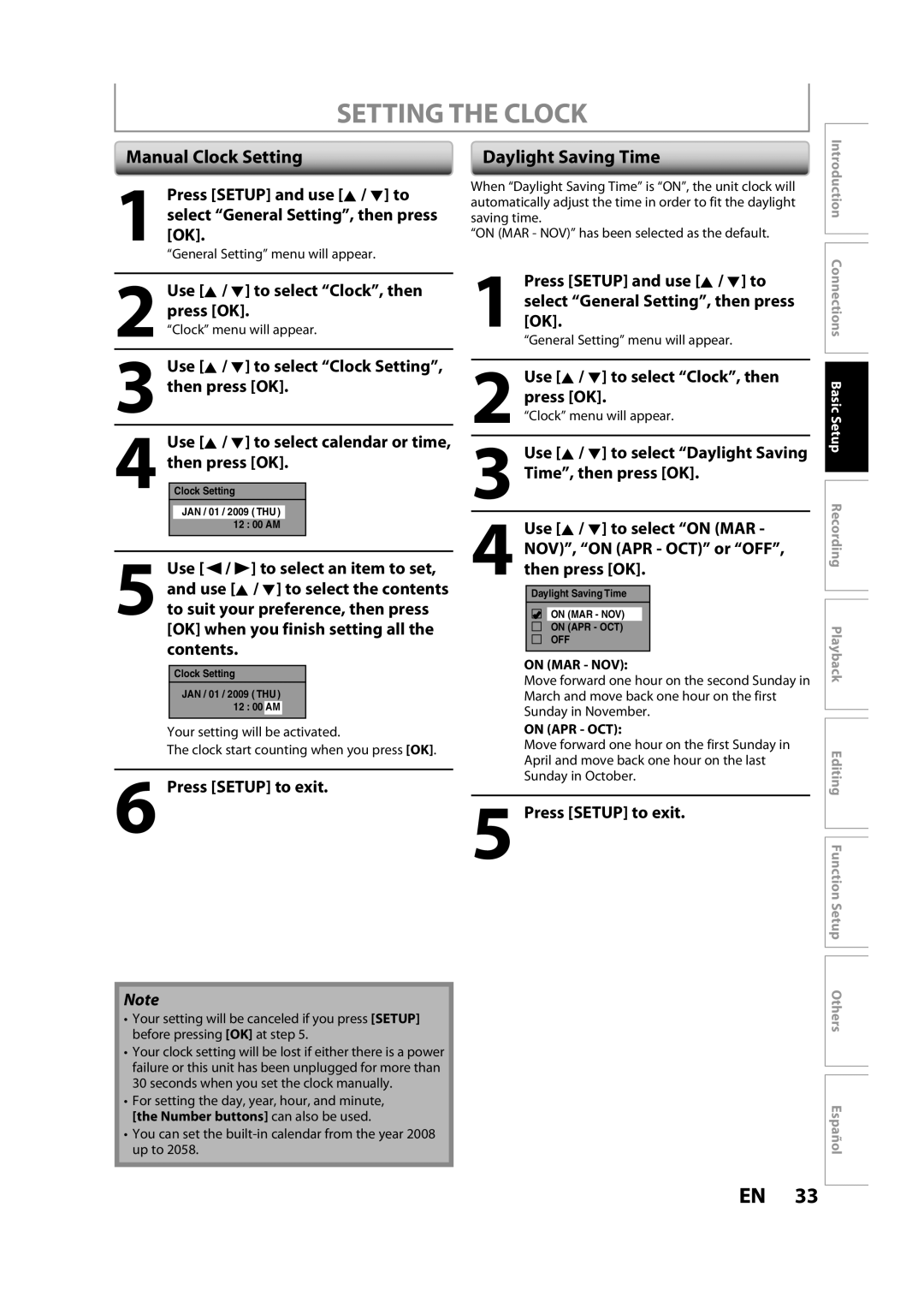 Magnavox H2160MW9 A owner manual Setting the Clock, Manual Clock Setting, Daylight Saving Time 