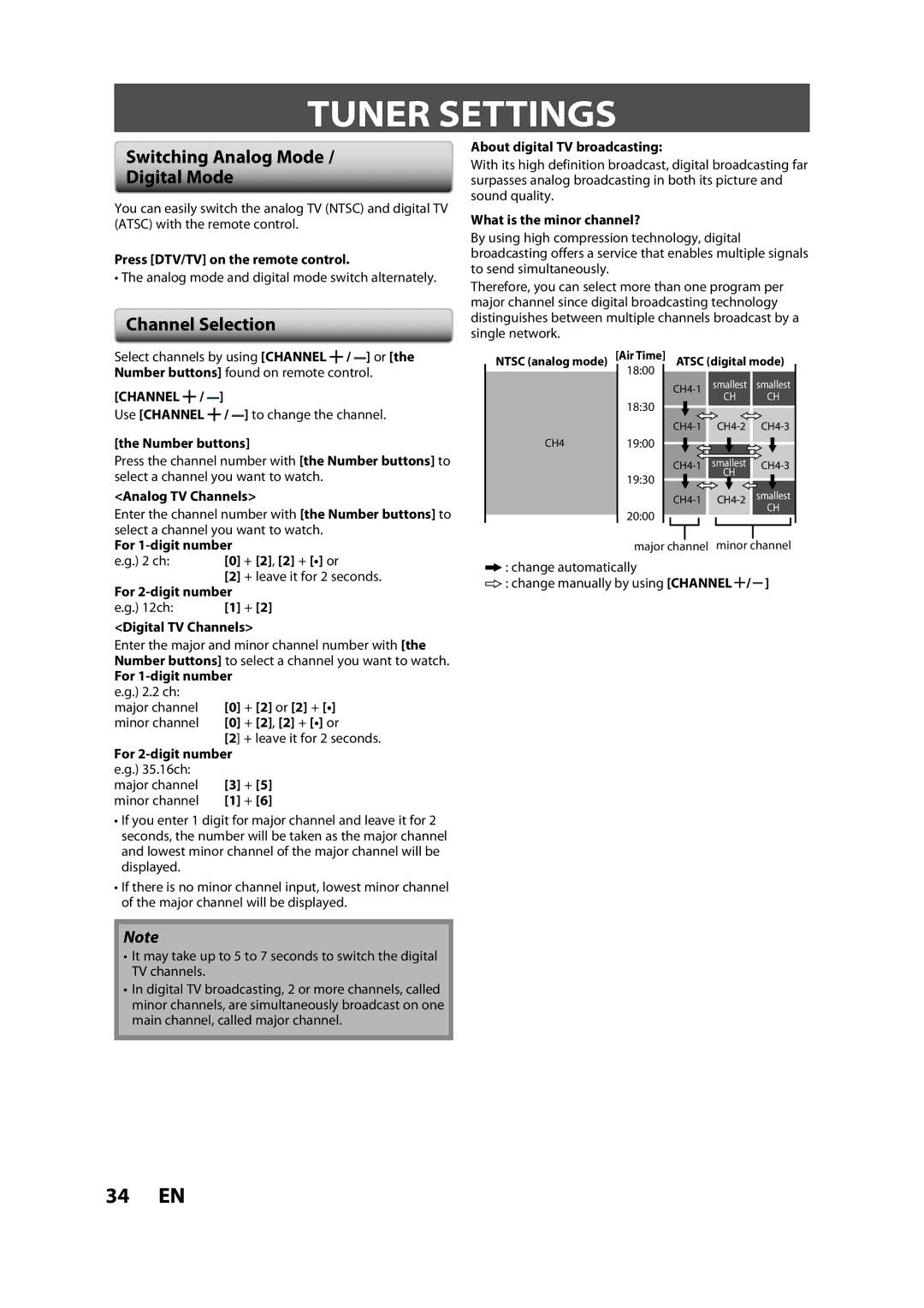 Magnavox H2160MW9 A owner manual Tuner Settings, Switching Analog Mode Digital Mode, Channel Selection 