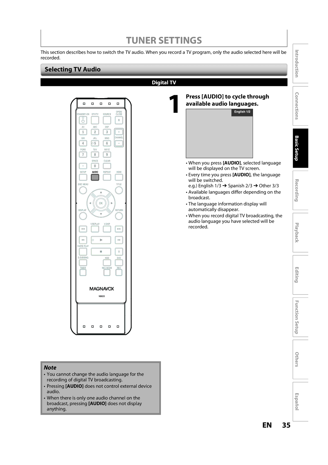 Magnavox H2160MW9 A owner manual Tuner Settings, Selecting TV Audio 