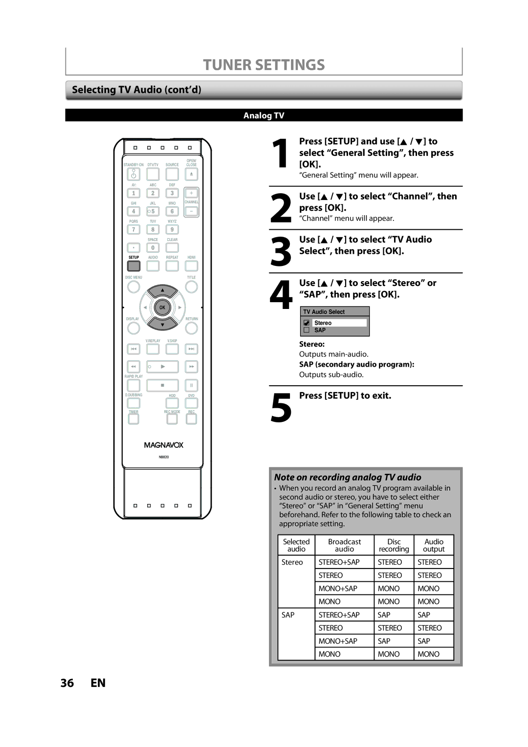 Magnavox H2160MW9 A owner manual Selecting TV Audio cont’d, Stereo, SAP secondary audio program 