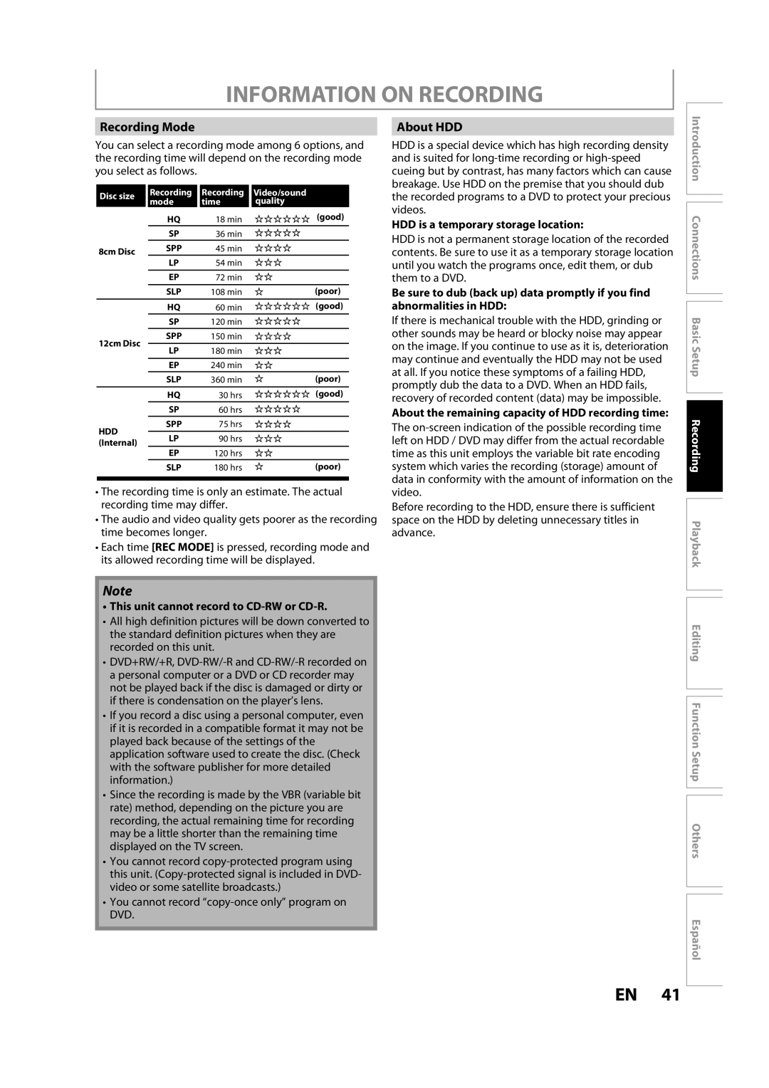 Magnavox H2160MW9 A owner manual Information on Recording, Recording Mode, About HDD 