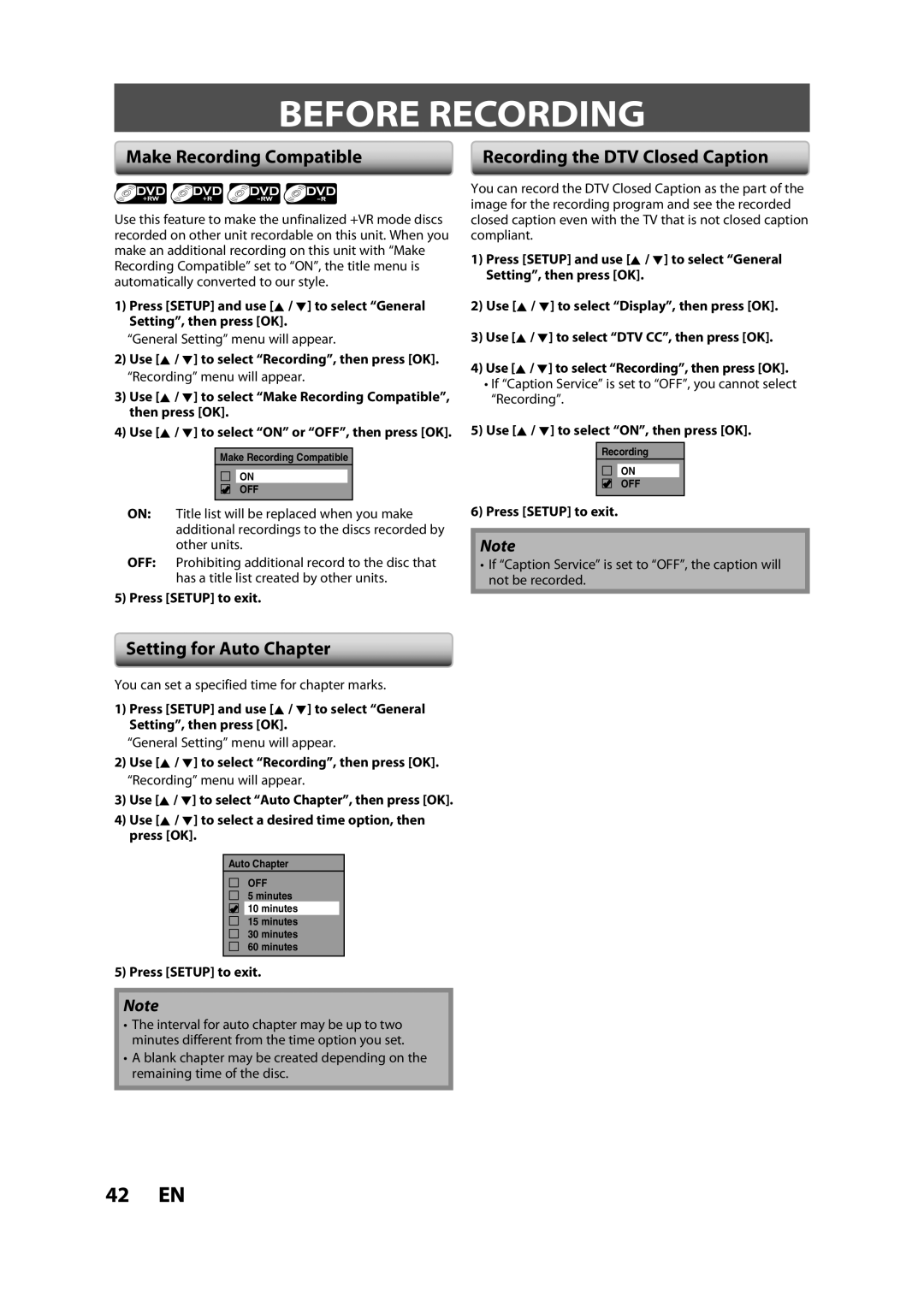 Magnavox H2160MW9 A owner manual Before Recording, Make Recording Compatible, Setting for Auto Chapter 