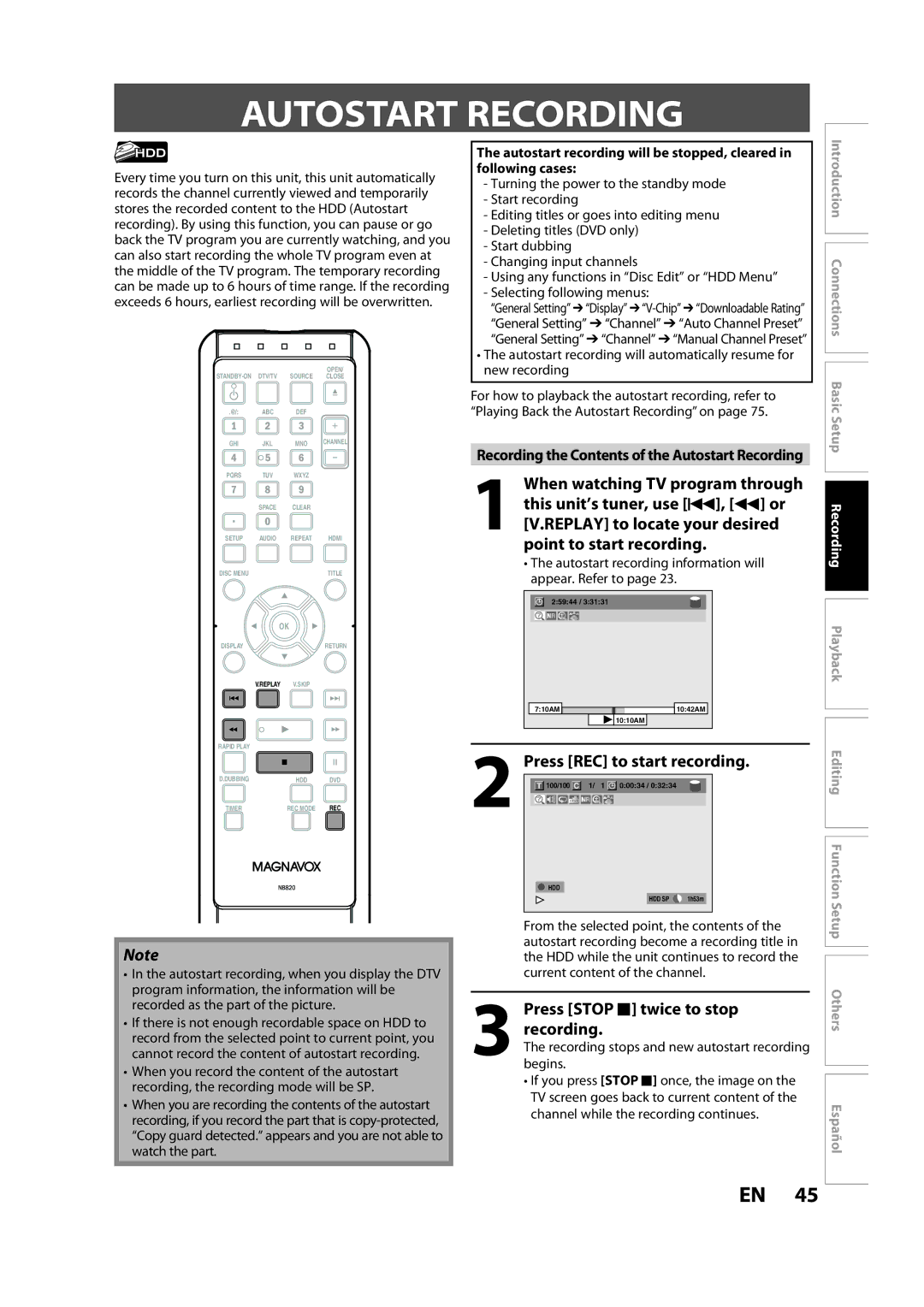 Magnavox H2160MW9 A Autostart Recording, Press Stop C twice to stop, Press REC to start recording.1/ 1100/10000034 