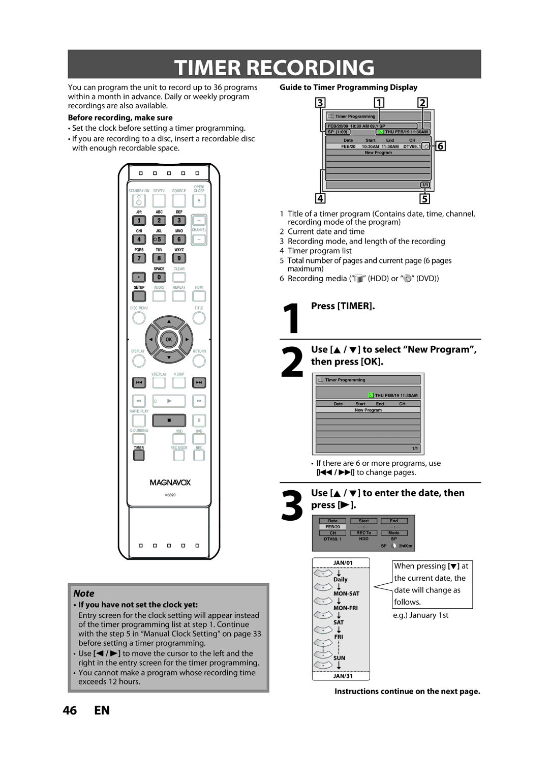 Magnavox H2160MW9 A owner manual Timer Recording, Press Timer Use K / L to select New Program, then press OK, Press B 