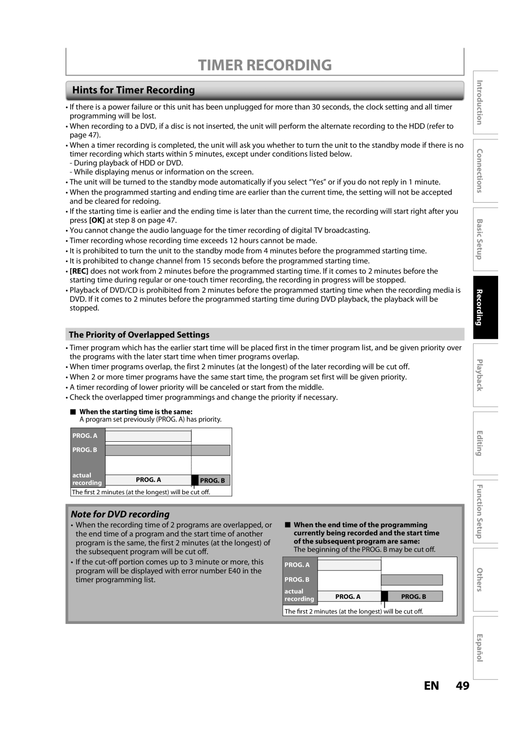 Magnavox H2160MW9 A owner manual Hints for Timer Recording, Priority of Overlapped Settings 