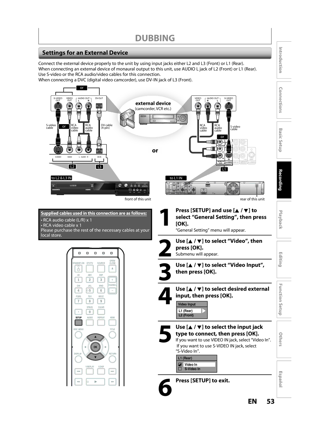 Magnavox H2160MW9 A owner manual Dubbing, Settings for an External Device, Press Setup and use K / L to 