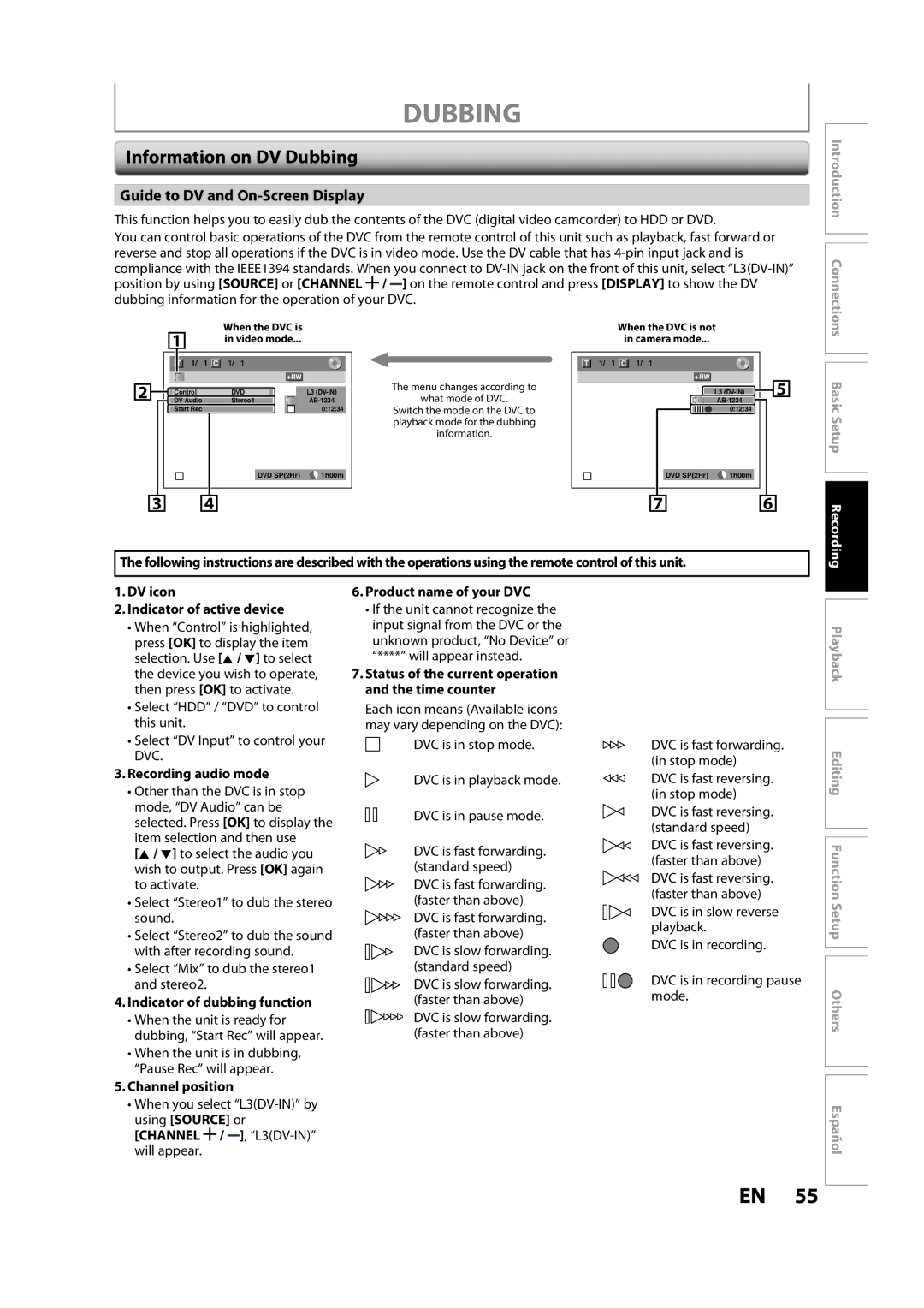 Magnavox H2160MW9 A owner manual Information on DV Dubbing, Guide to DV and On-Screen Display, Recording audio mode 