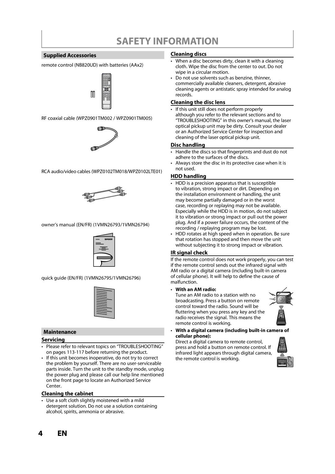 Magnavox H2160MW9 A Supplied Accessories, Maintenance Servicing, Cleaning the cabinet, Cleaning discs, HDD handling 