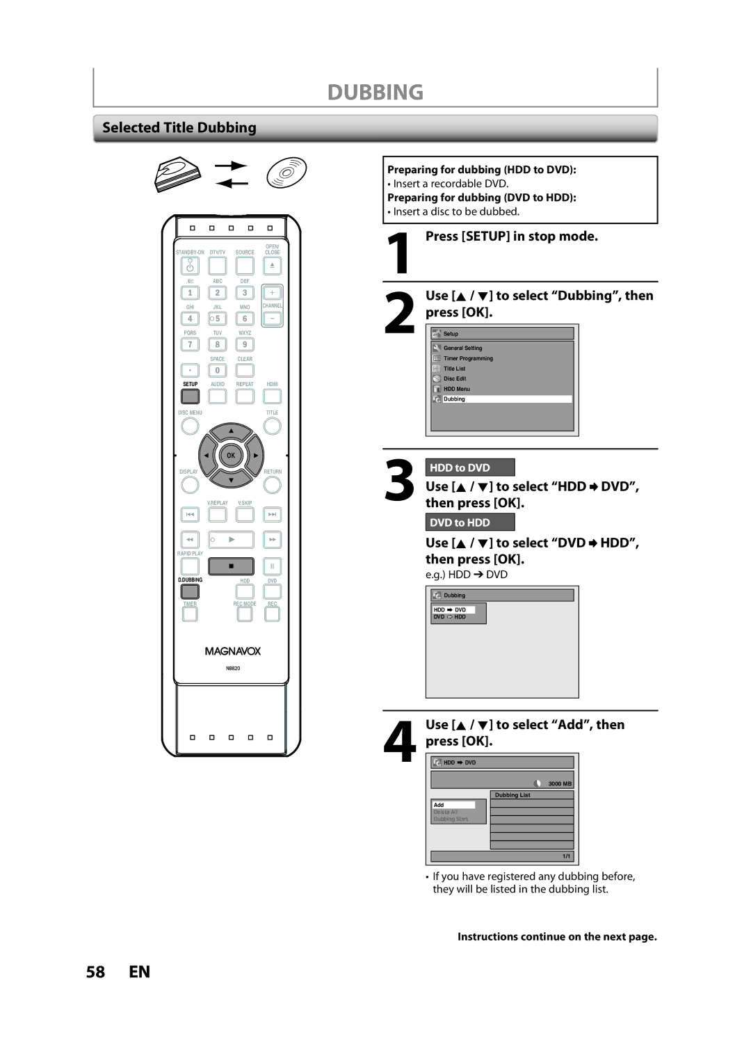 Magnavox H2160MW9 A Selected Title Dubbing, Use K / L to select HDD DVD, then press OK, Use K / L to select Add, then 