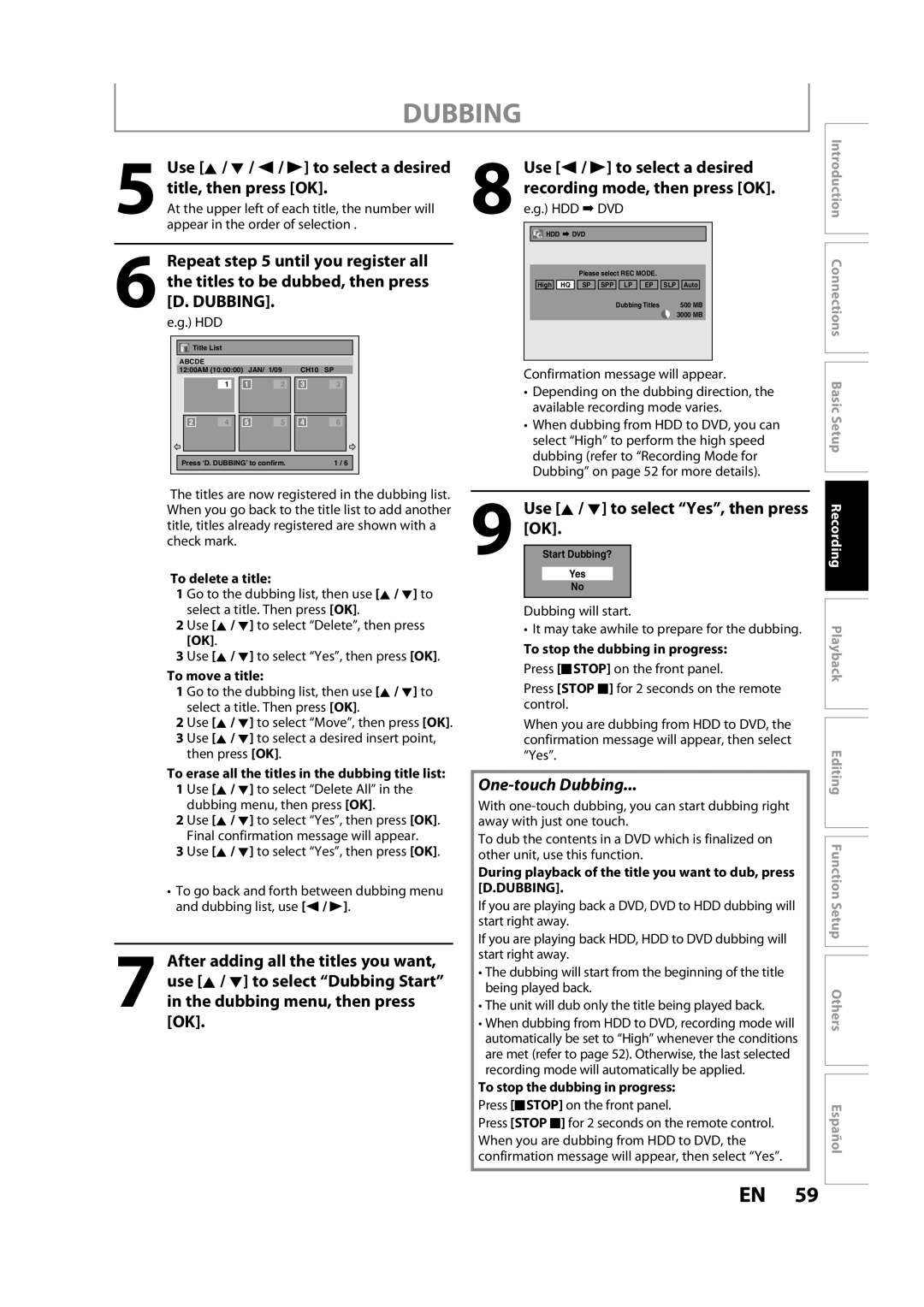 Magnavox H2160MW9 A owner manual One-touch Dubbing, Use K / L to select Yes, then press, To delete a title, To move a title 