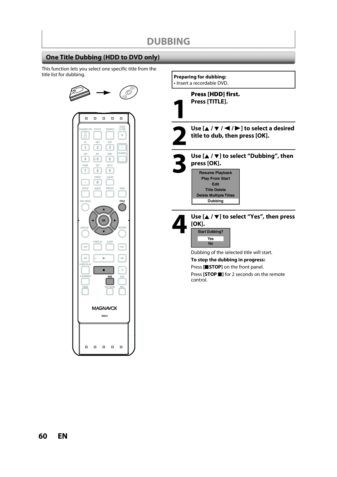 Magnavox H2160MW9 A owner manual One Title Dubbing HDD to DVD only 