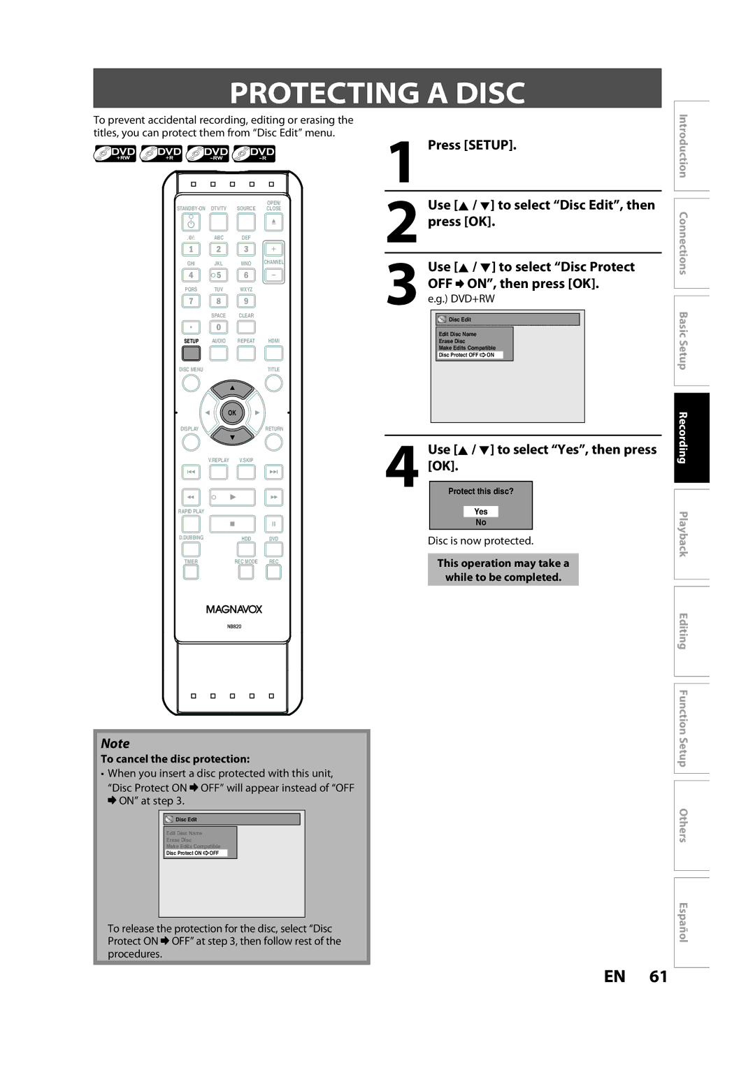 Magnavox H2160MW9 A owner manual Protecting a Disc, Use K / L to select Yes, then press OK, To cancel the disc protection 