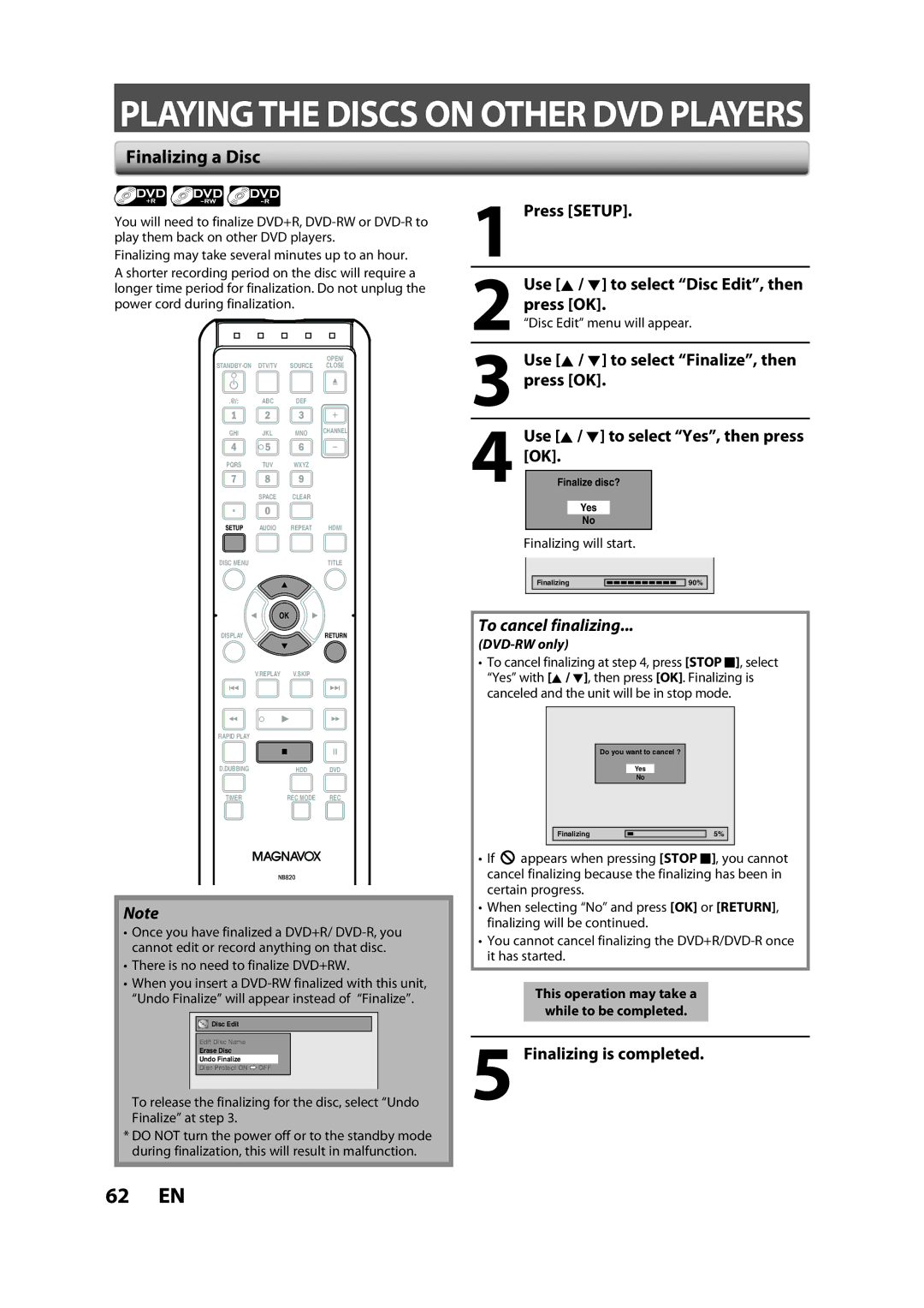 Magnavox H2160MW9 A owner manual Finalizing a Disc, Finalizing is completed 