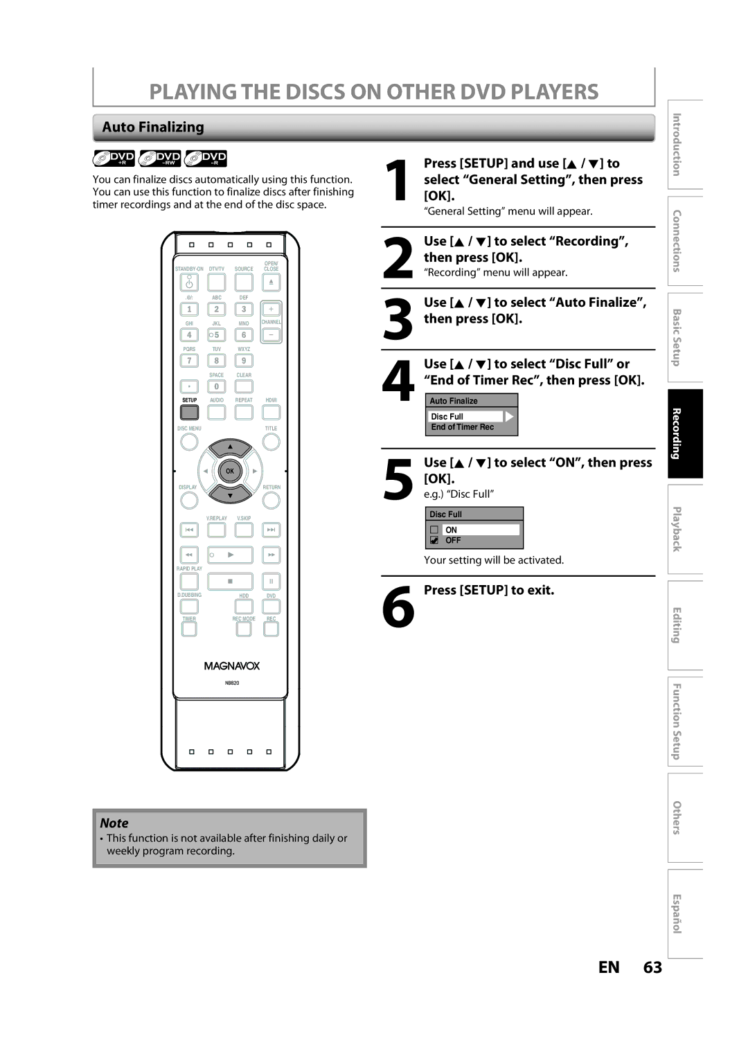 Magnavox H2160MW9 A owner manual Playing the Discs on Other DVD Players, Auto Finalizing 