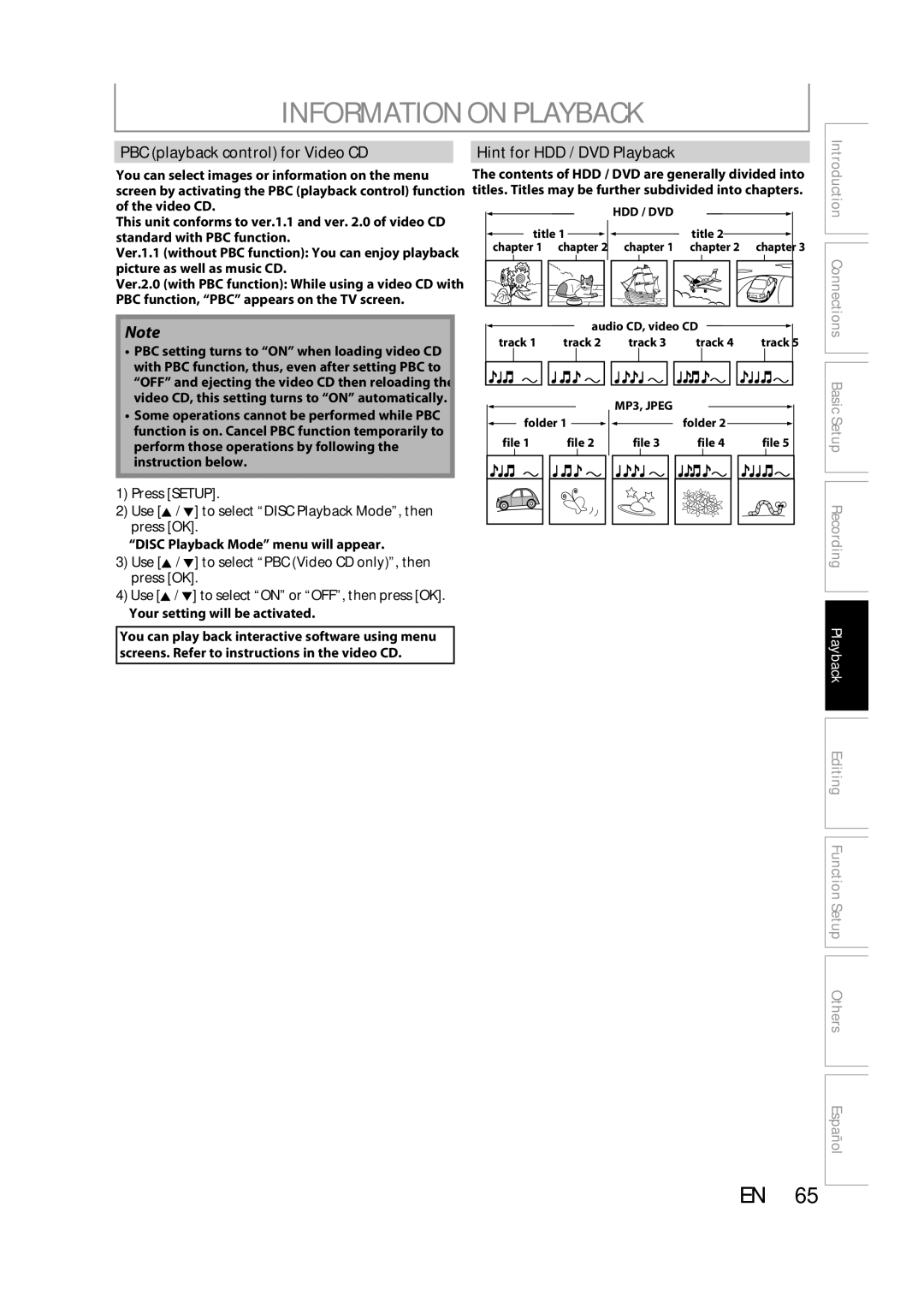 Magnavox H2160MW9 A owner manual Information on Playback, PBC playback control for Video CD, Hint for HDD / DVD Playback 