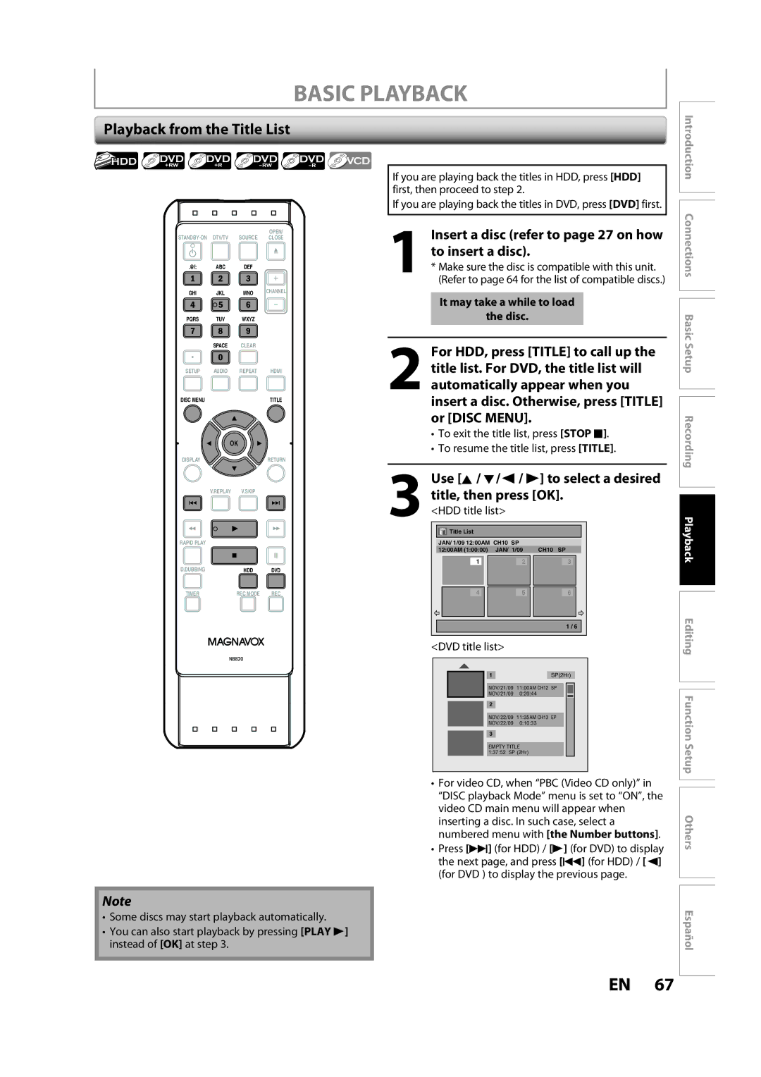 Magnavox H2160MW9 A owner manual Basic Playback, Playback from the Title List, HDD title list 