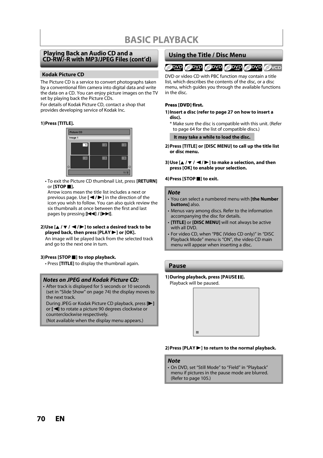 Magnavox H2160MW9 A Playing Back an Audio CD and a, CD-RW/-R with MP3/JPEG Files cont’d, Pause, Kodak Picture CD 