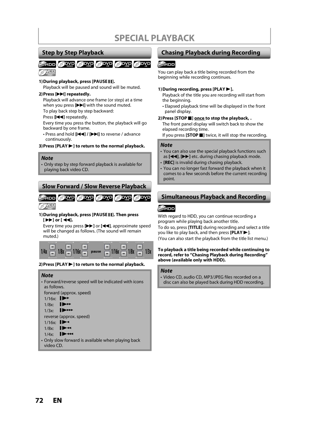 Magnavox H2160MW9 A owner manual Special Playback, Step by Step Playback, Slow Forward / Slow Reverse Playback 