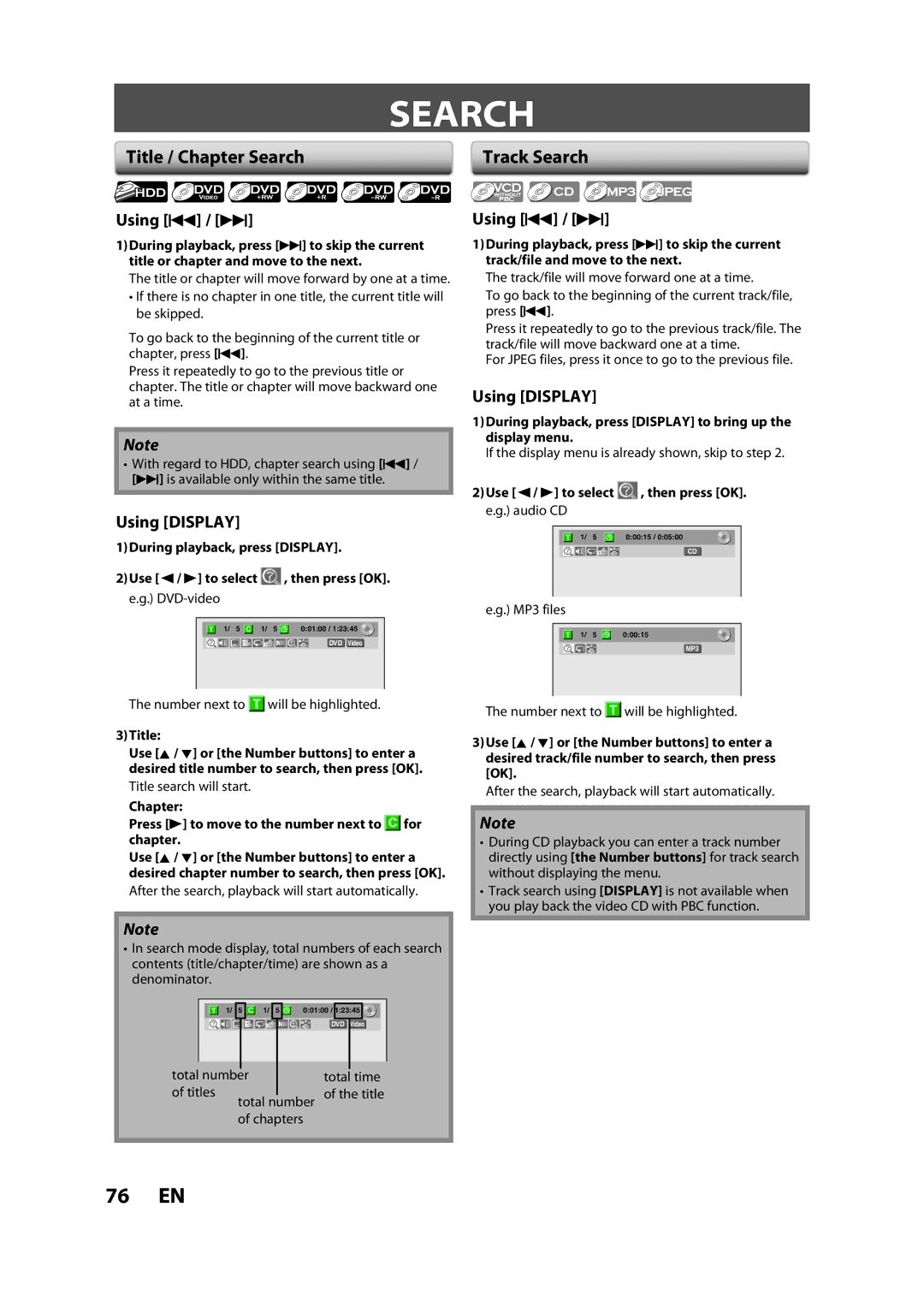 Magnavox H2160MW9 A owner manual Title / Chapter Search, Using H / G, Using Display 