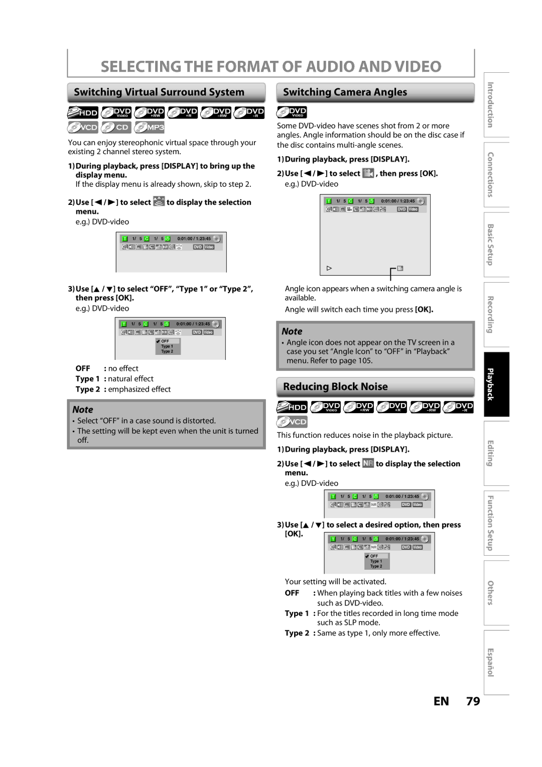 Magnavox H2160MW9 A Selecting the Format of Audio and Video, Switching Virtual Surround System, Reducing Block Noise 