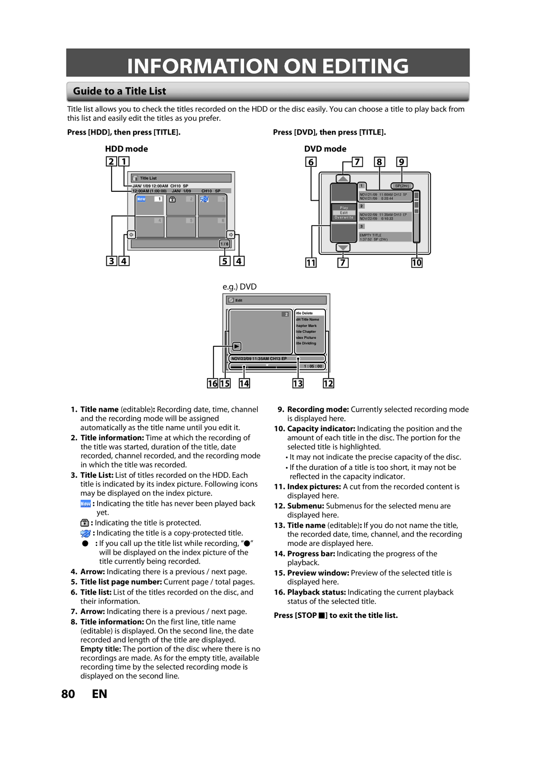 Magnavox H2160MW9 A owner manual Information on Editing, Guide to a Title List, HDD mode, DVD mode 