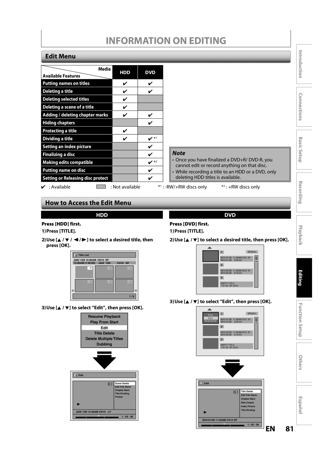 Magnavox H2160MW9 A owner manual Information on Editing, How to Access the Edit Menu, Putting name on disc 