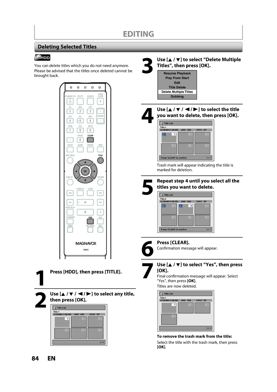 Magnavox H2160MW9 A Deleting Selected Titles, Use K / L to select Delete Multiple Titles, then press OK, Press Clear 