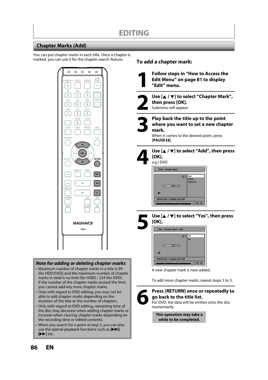 Magnavox H2160MW9 A owner manual Chapter Marks Add, For DVD, the data will be written onto the disc momentarily 